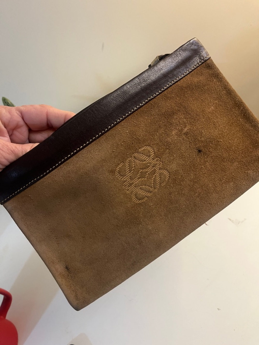 Loewe Brown Suede Travel Bag with Embossed Anagram